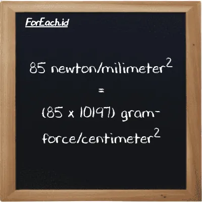 How to convert newton/milimeter<sup>2</sup> to gram-force/centimeter<sup>2</sup>: 85 newton/milimeter<sup>2</sup> (N/mm<sup>2</sup>) is equivalent to 85 times 10197 gram-force/centimeter<sup>2</sup> (gf/cm<sup>2</sup>)